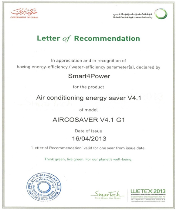 DEWA certifies the Aircosaver as an official energy saving device.